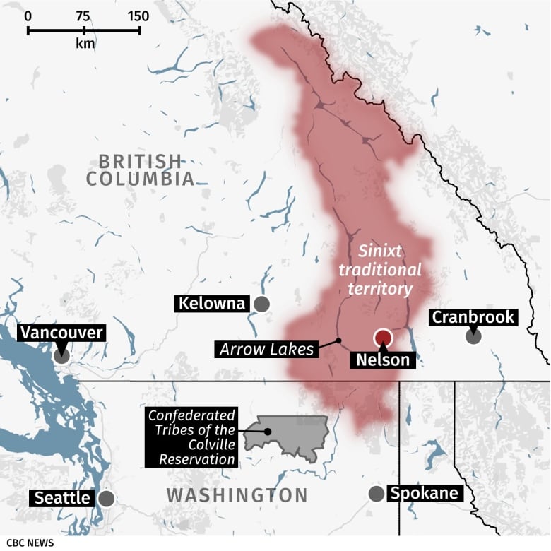 A map with area highlighted on both sides of the Canada-U.S. border.