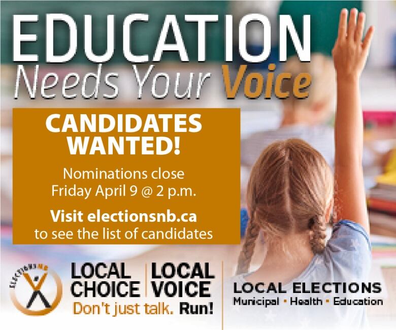 A graphis shows a little girl with her hand up at scool with text advertising elections for district education councils.