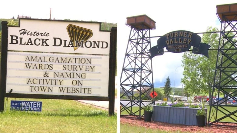 Two signs side by side. One says Black Diamond, the other reads Turner Valley. 