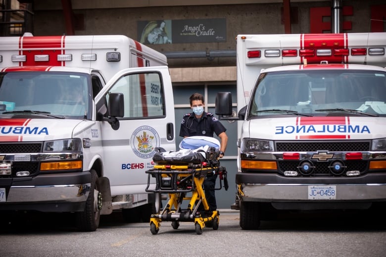 A B.C. Ambulance Service paramedic is pictured outside of St. Pauls Hospital in Vancouver, British Columbia on Wednesday, June 30, 2021. 