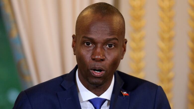 Haitian President Moise Jovenel speaks during a press conference.