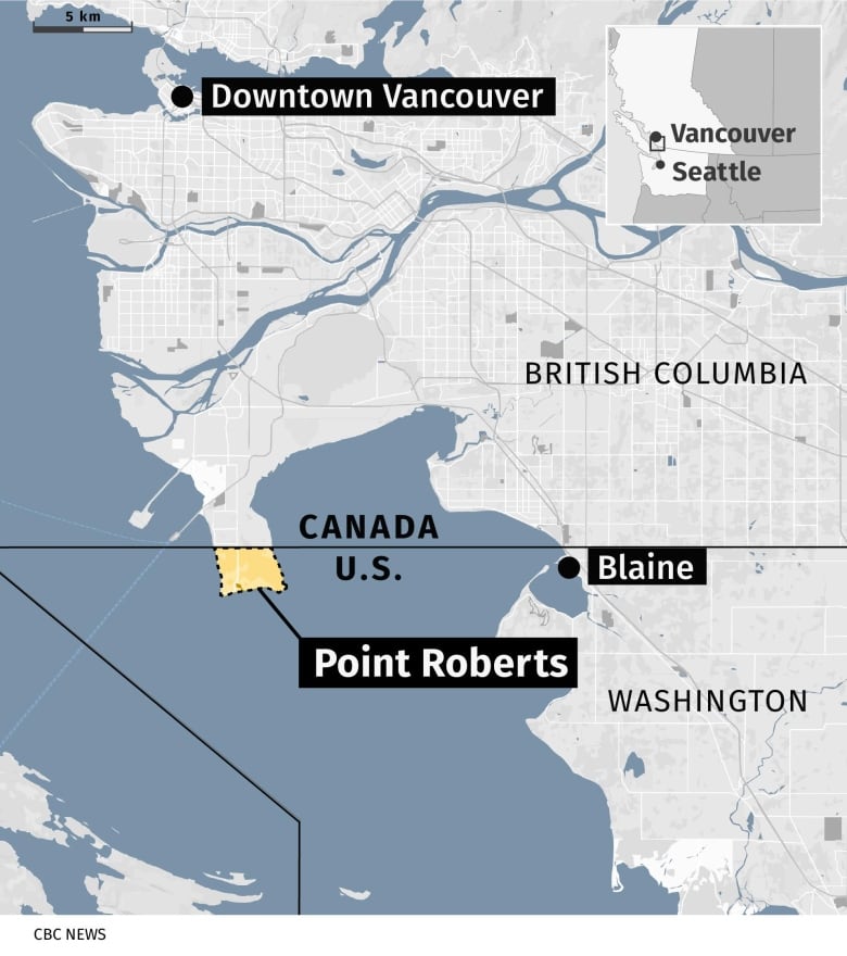 A map of the Lower Mainland and Washington state is shown with the border lined in black and Point Roberts highlighted in yellow. 