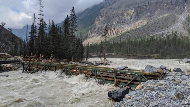 A wooden bridge over a rushing river with mountains in the background.