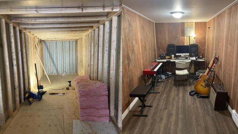 Left, empty shipping container, right, newly constructed studio made out of a shipping container. 