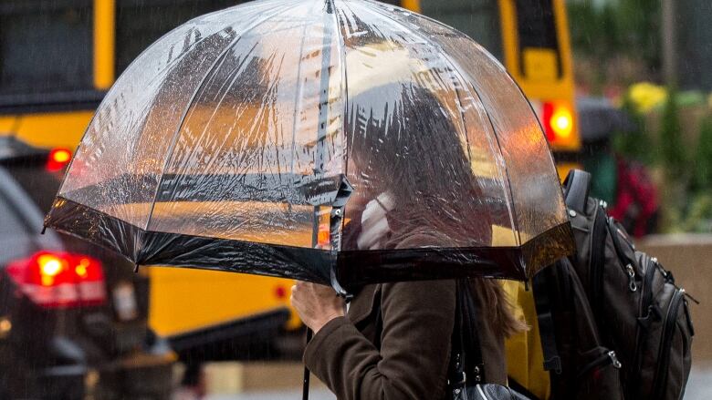 A woman under a clear umbrella