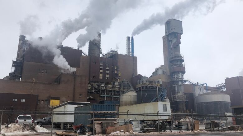 White and grey smoke billows from stacks at an industrial pulp mill located behind a metal fence.