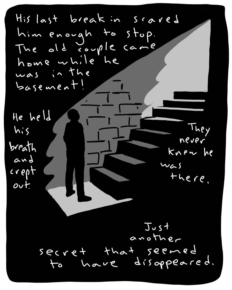 A graphic image of a dark figure looking up a set of stairs. The text reads 