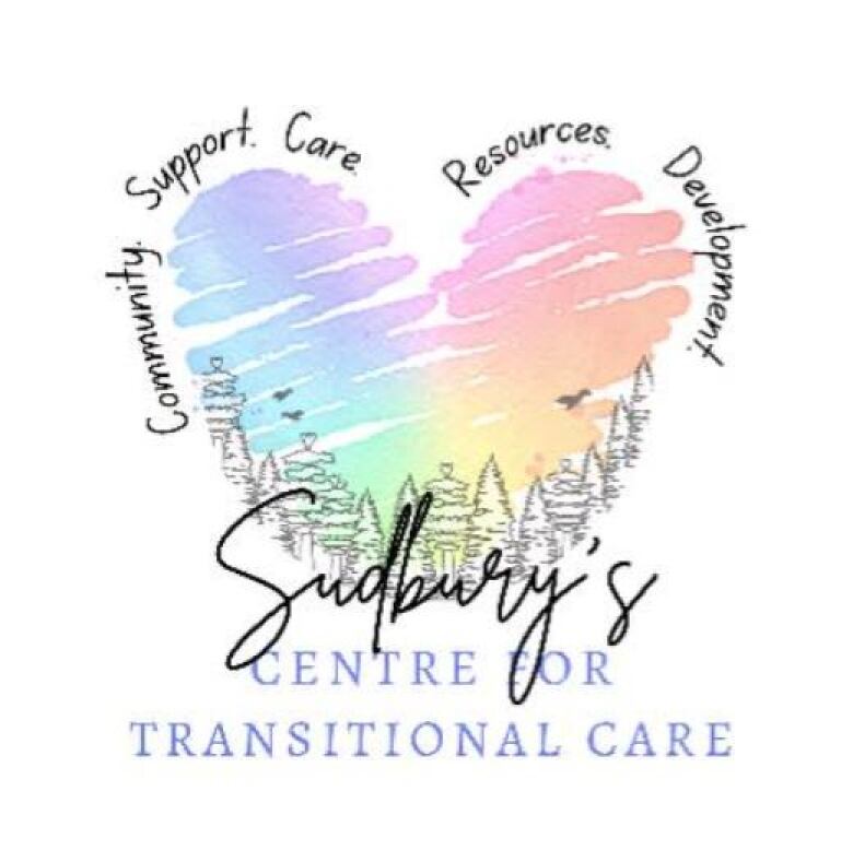 A rainbow heart logo with Sudbury's Centre for Transitional Care in flowing text