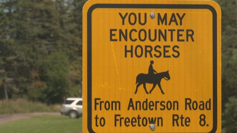 Yellow horse sign on trail, warning that horses may be present.