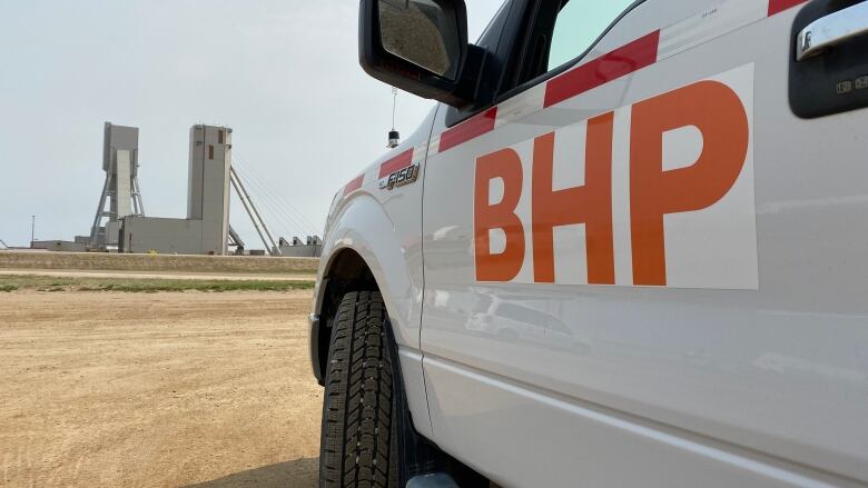 BHP truck in front of  Jansen mine on Aug. 17, 2021.