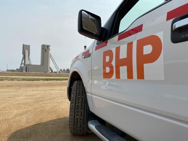 BHP truck in front of  Jansen mine on Aug. 17, 2021.