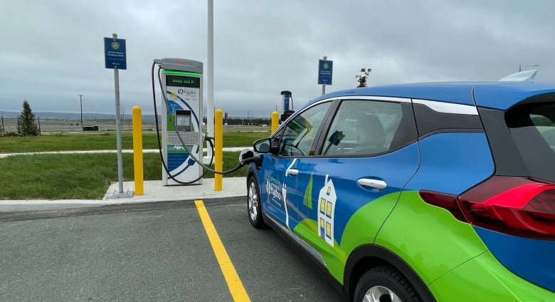 A car with blue and green graphics is plugged into an electric vehicle charger.