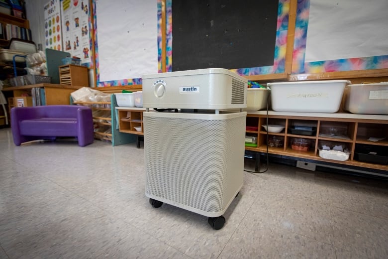 A HEPA air filtration system in a classroom.