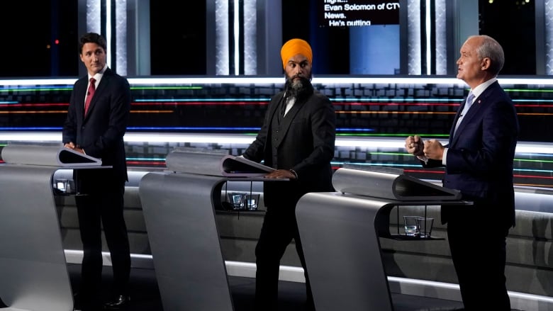 Liberal Leader Justin Trudeau, left to right, NDP Leader Jagmeet Singh, and Conservative Leader Erin O'Toole take part in the federal election English-language Leaders debate on Sept. 9, 2021.