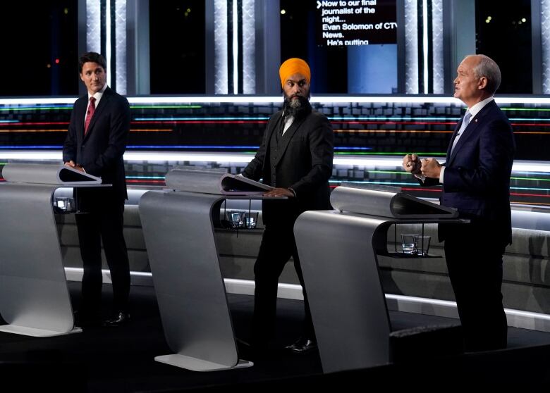 Liberal Leader Justin Trudeau, left to right, NDP Leader Jagmeet Singh, and Conservative Leader Erin O'Toole take part in the federal election English-language Leaders debate on Sept. 9, 2021.