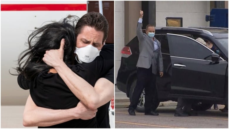 In this composite photo we see on the left, Michael Kovrig embracing Vina Nadjibulla following his arrival on a Canadian air force jet after his release from detention in China, at Toronto Pearson International Airport; On the right, Michael Spavor is shown leaving Calgary International Airport. 