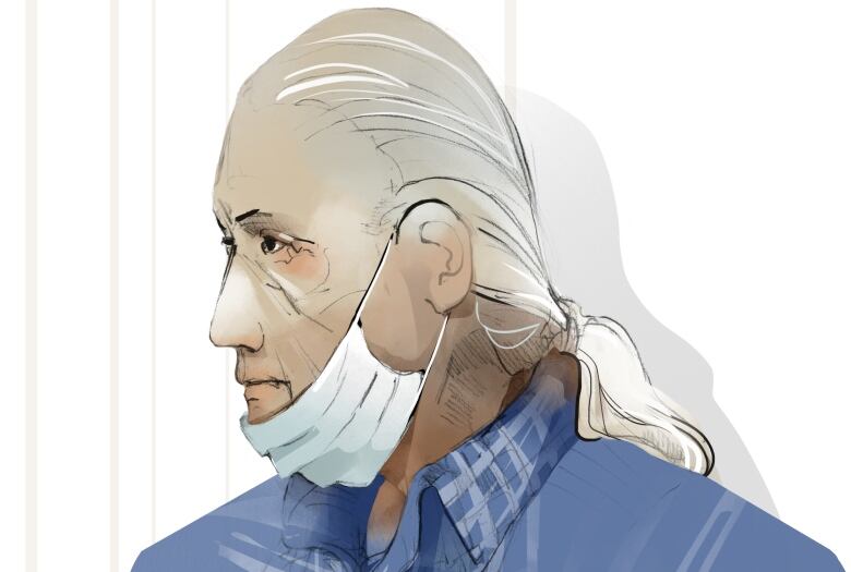 A court sketch of a man with long grey hair in a ponytail and a mask around his chin. 