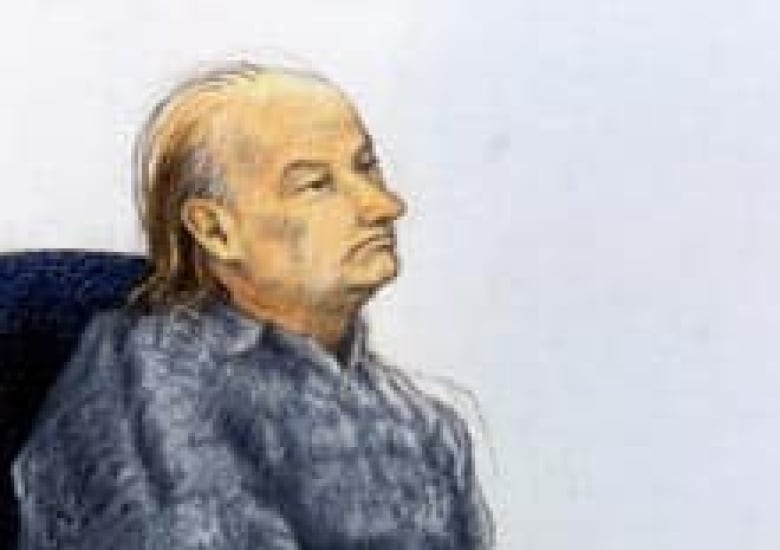 A court sketch of a man in a blue sweater with balding hair.