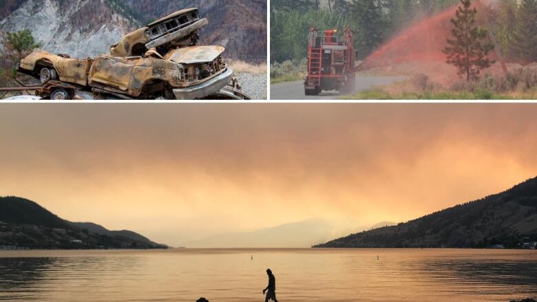 A collage of three different photos. From top left: a burned and melted pickup truck, a firetruck spraying red liquid onto trees and an orange, hazy sky over a large body of water with mountains in the distance.