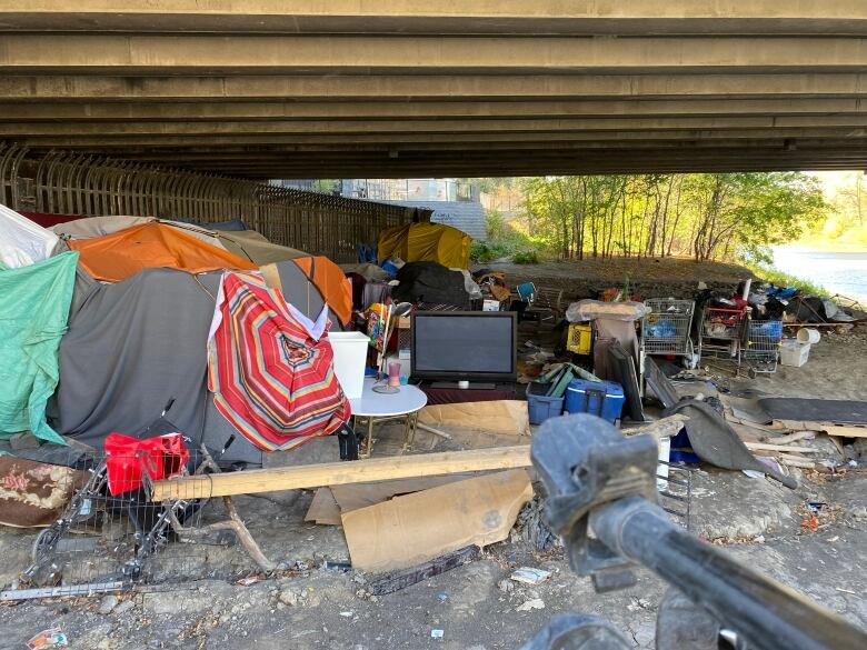 A homeless encampment below a bridge.