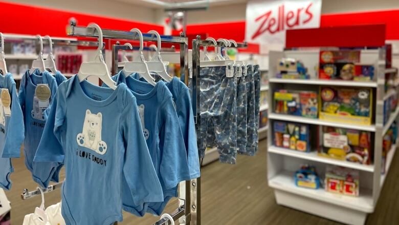 Clothes and toys are displayed at a Zellers pop-up store.