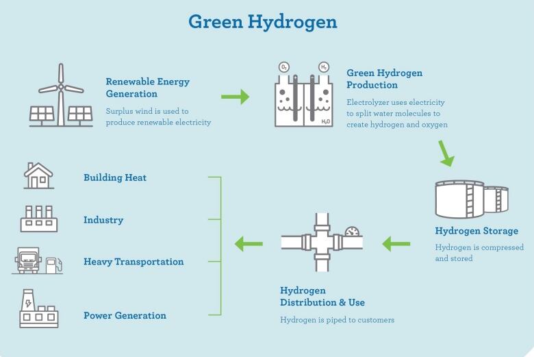 An infographic describes how renewable energy is used to power the production of green hydrogen, which can be used for heating buildings, transportation, electricity and industrial applications.