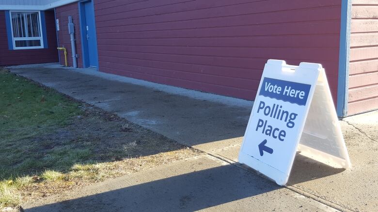 A sign on a sidewalk indicates an election polling place.