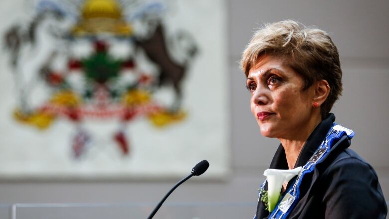 Jyoti Gondek speaks to the media after being sworn-in as the new mayor of Calgary in Calgary, Alta., Monday, Oct. 25, 2021. 