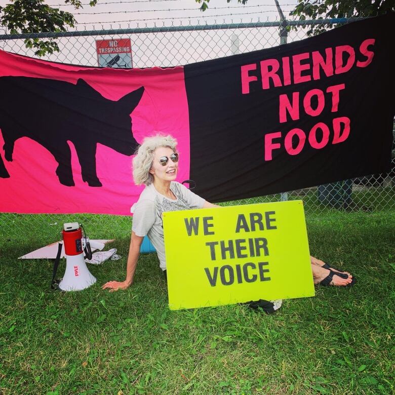 Regan Russell protesting outside Fearmans Pork in Burlington, Ont., in an undated handout photo.