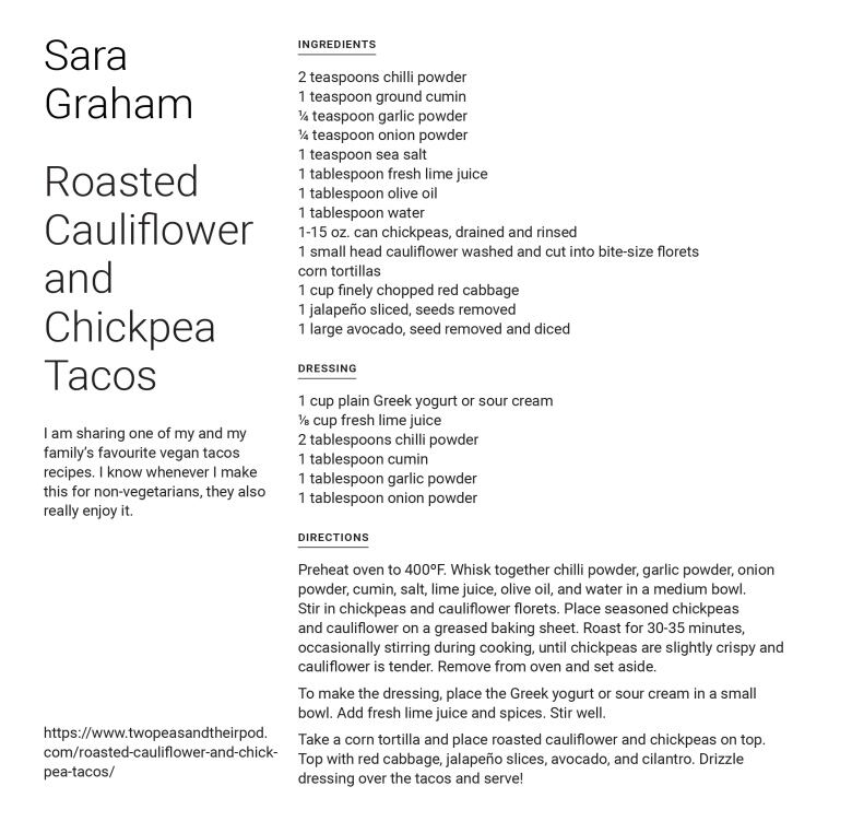 Recipe for Roasted Cauliflower and Chickpea Tacos