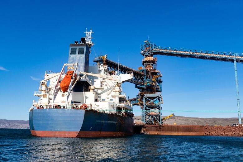 A large ship is seen at a dock and ore loader.