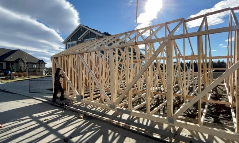 The frame of a house being built.