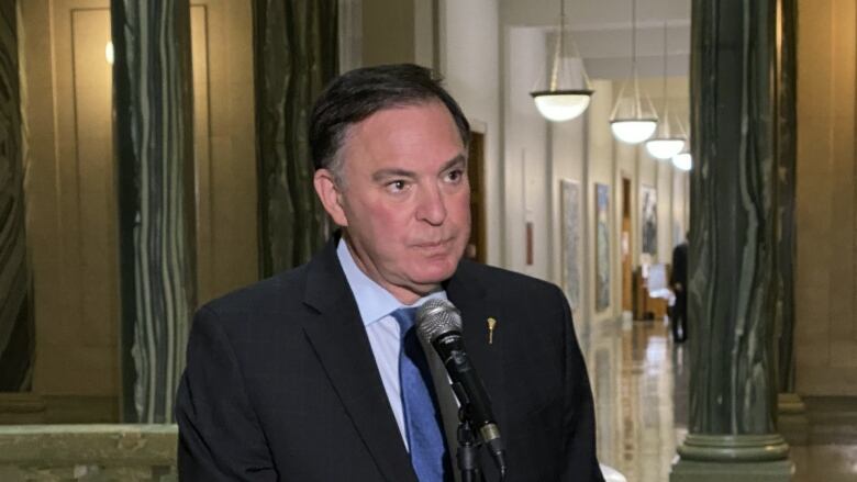 A man wearing a black suit with a pale blue shirt and a blue tie speaks at a microphone. 