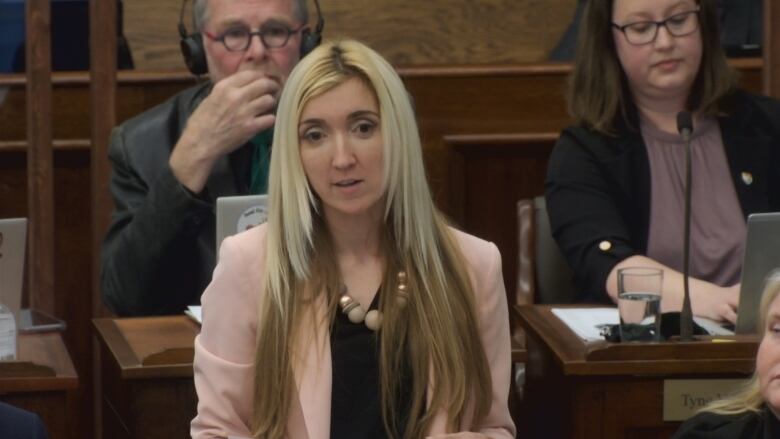 Woman in pink business suit stands in P.E.I, legislature. 