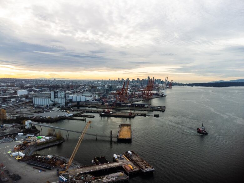 An aerial image of the Vancouver Port along Burrard Inlet.