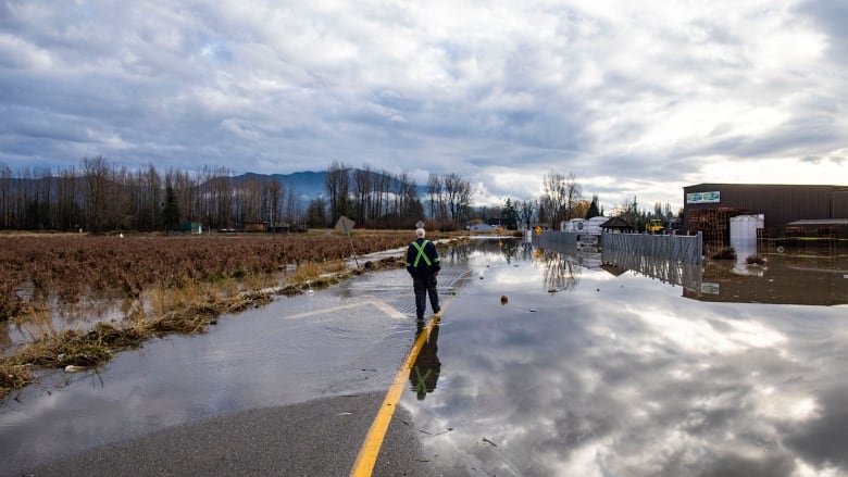 A man in a high visibility jacket walks among pooled water.