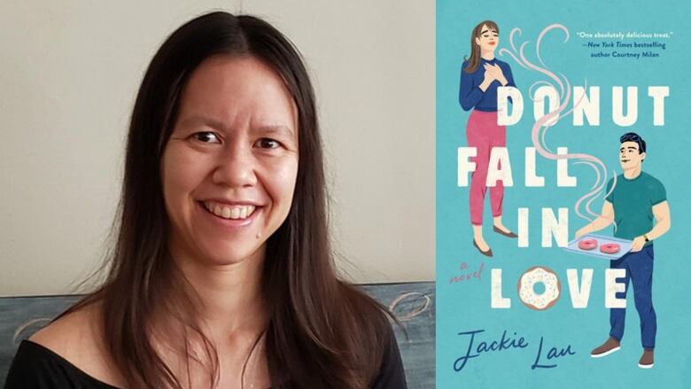 Illustrated book cover of Donut Fall in Love by Jackie Lau with a man and woman standing; the man is holding donuts. Portrait of the author.