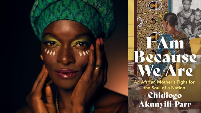 A Black woman with a green headscarf and the book cover with an illustration of a Black woman from her back and the book title written over it