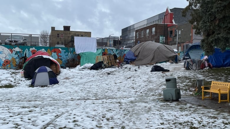 Tents in memorial park in Sudbury, during the winter