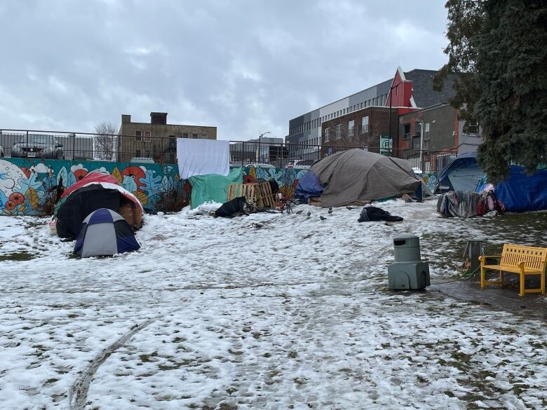 Tents in memorial park in Sudbury, during the winter