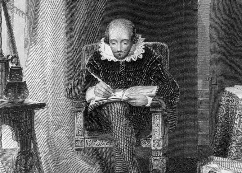 An illustration of William Shakespeare writing in a book