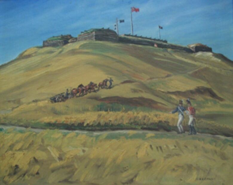 A painting of soldiers walking up a hill with a stone military base at the top