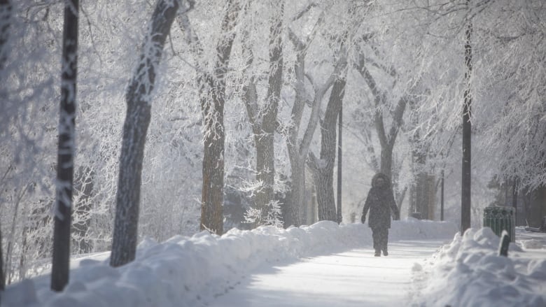 Pedestrians walk by the South Saskatchewan River during an extreme cold warning in Saskatoon, Sask., on Monday, January 25, 2021.