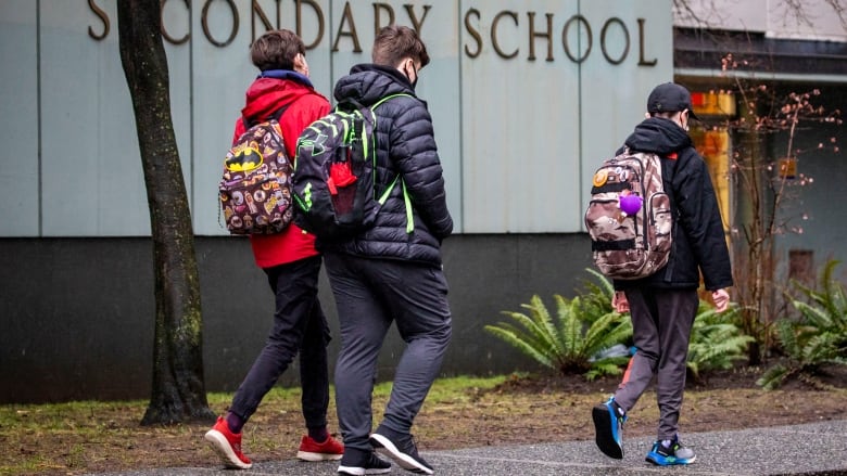 Three students with bag packs walking to their school.