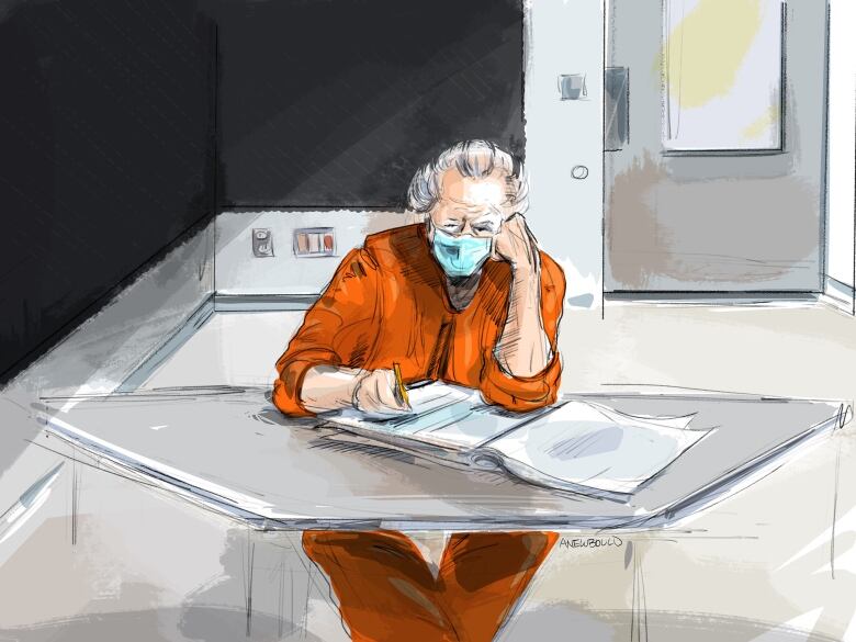 A court sketch of Peter Nygard wearing an orange jail uniform while sitting at a table.