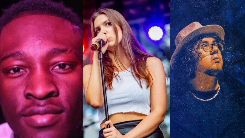 Close up promo shots of a Black, Caucasian and Indigenous musician on stage