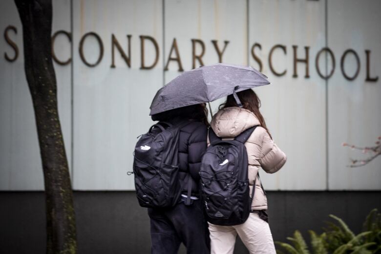 Two students holding umbrellas walk past a sign reading 'Secondary School'.