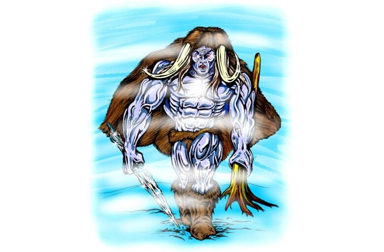 Drawing of a Mi'kmaw God of Winter. He's depicted as a strong man wearing horns and furs, holding elemental weapons