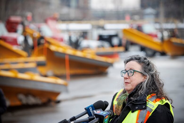 Barbara Gray, General Manager of Transportation Services with the city of Toronto, speaks to members of the media about the citys snow clearing plan ahead of an expected snowstorm, at a downtown works yard, on Feb. 1, 2022.