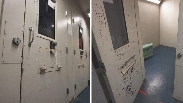 An empty detention cell seen in a police station. 